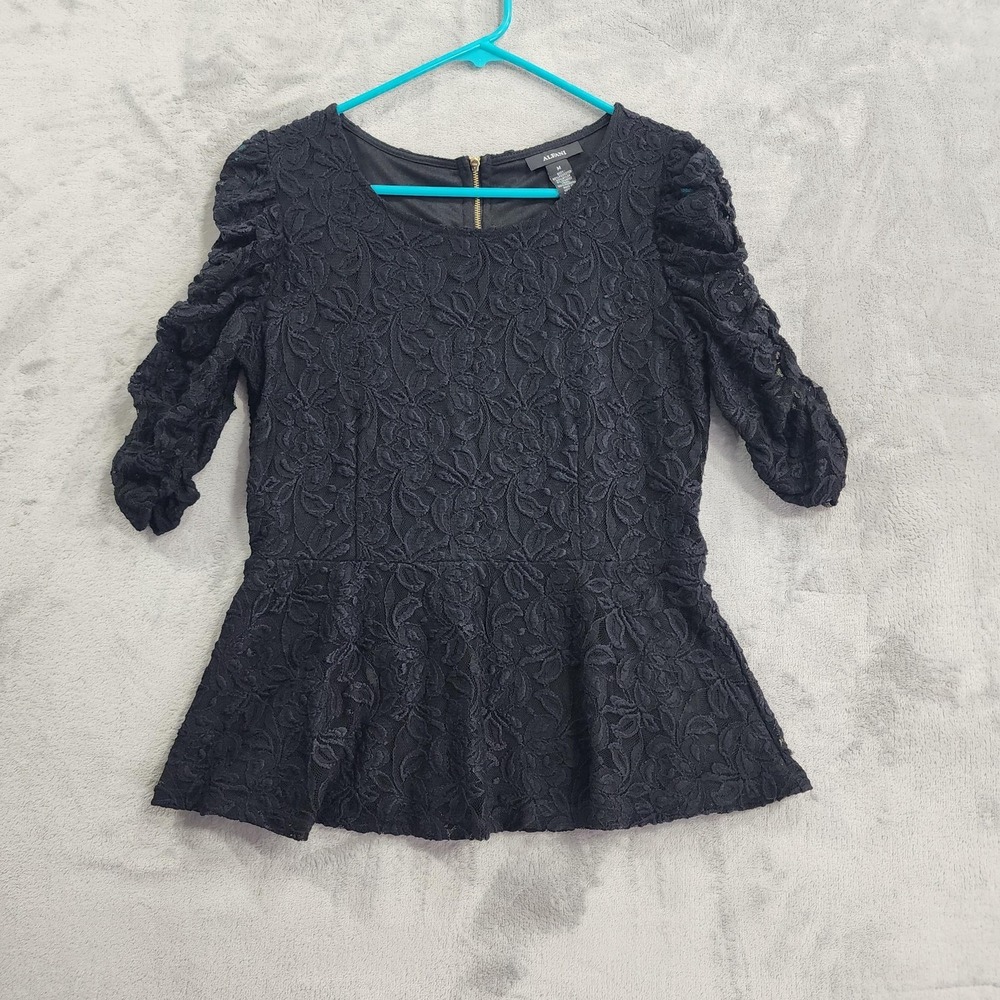 Vintage Alfani Top Womens M Black Floral Lace Peplum 3/4 Puff Sleeve Back Zip